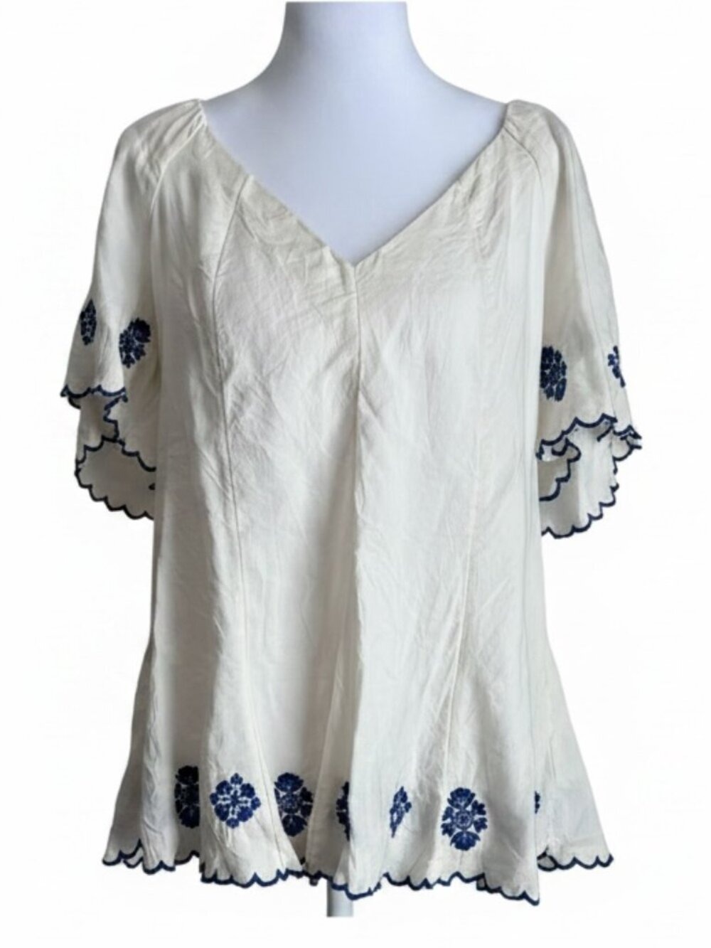 Old Navy Cream V-Neck Tunic with Blue Floral Embroidery - Size Med Tall